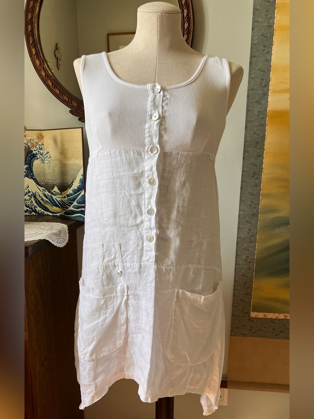 Asymmetrical  White Linen Button-Front Sleeveless Dress